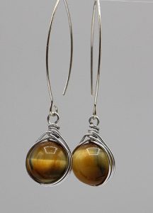 Herring Bone Wrapped Yellow Tigers Eye drop earrings